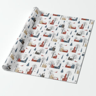 Papier Cadeau Motif de Noël de maisons de village et renard roux