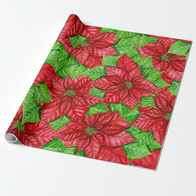 Papier Cadeau Motif de Noël de Poinsettia (Déroulé)