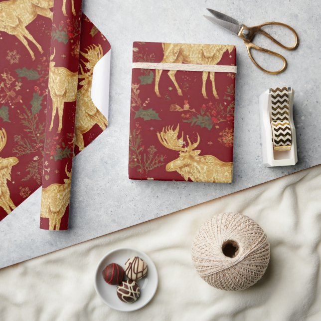 Papier Cadeau motif de noël de rennes d'or élégant (Artisanat)