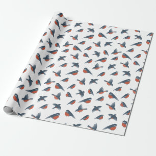 Papier Cadeau Motif de Noël de rouges-gorges sur fond blanc