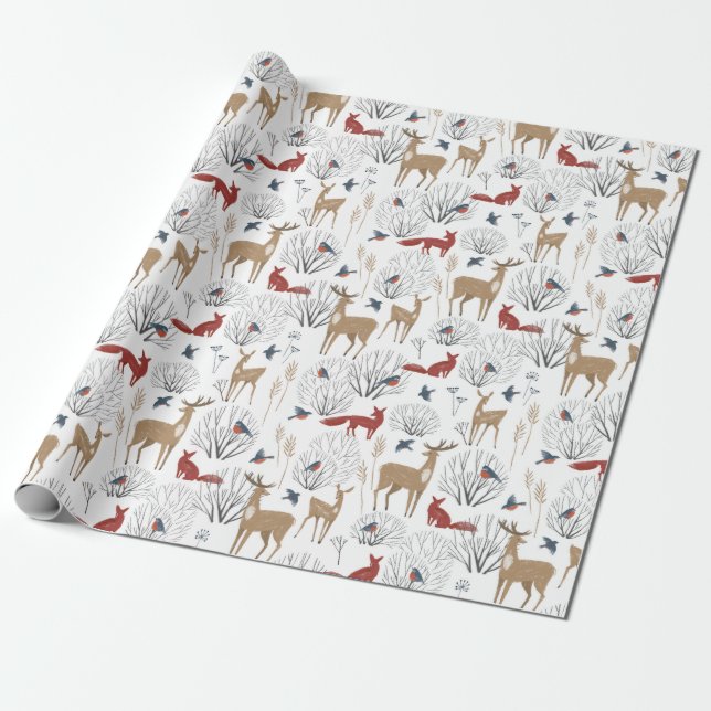 Papier Cadeau Motif de Noël des animaux de la forêt en hiver (Déroulé)