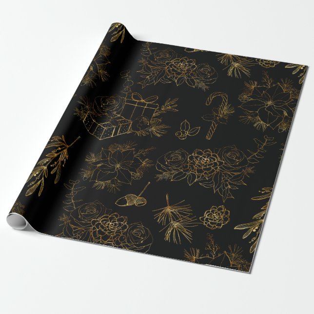 Papier Cadeau Motif de Noël d'or (Déroulé)