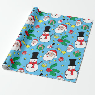 Papier Cadeau Motif de Noël du Père Noël Snowman Bleu