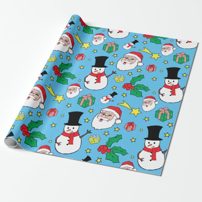 Papier Cadeau Motif de Noël du Père Noël Snowman Bleu (Déroulé)