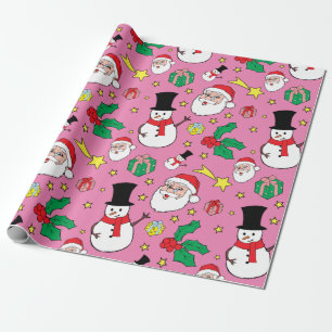 Papier Cadeau Motif de Noël du Père Noël Snowman rose