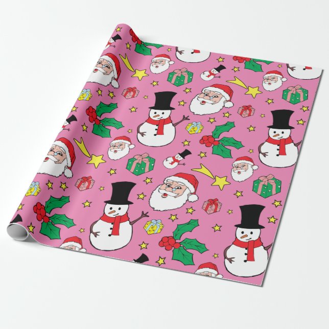 Papier Cadeau Motif de Noël du Père Noël Snowman rose (Déroulé)