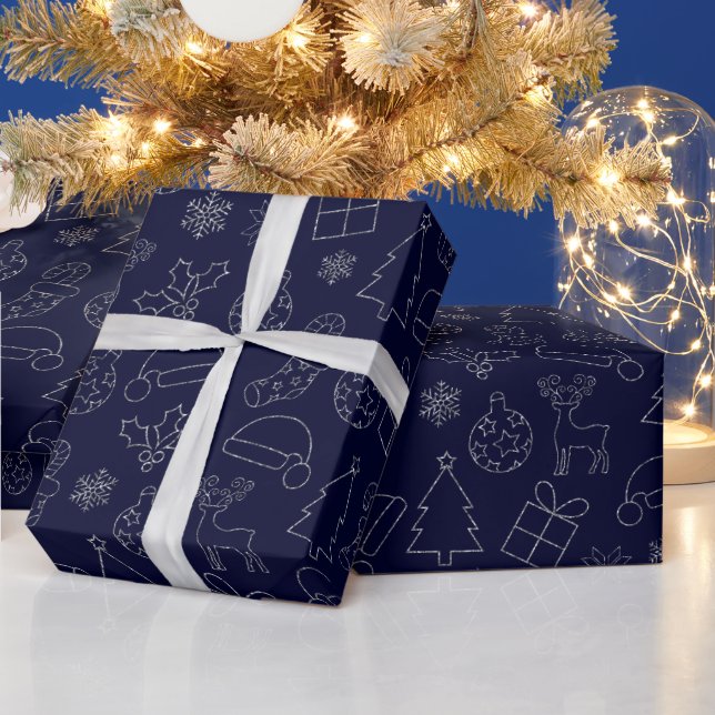 Papier Cadeau Motif de Noël Elegant Bleu et Parties scintillant  (Vacances)