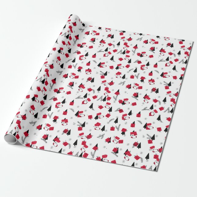 Papier Cadeau Motif de Noël élégant rouge, noir, blanc (Déroulé)