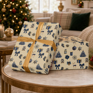 Papier Cadeau Motif de Noël en bleu marine et or