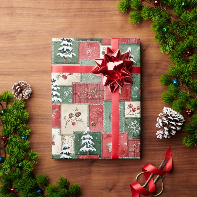 Papier Cadeau Motif de Noël en patchwork de campagne (Cadeau de vacances)