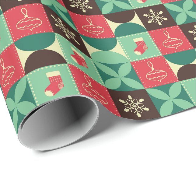Papier Cadeau Motif de Noël en patchwork rétro (Coin rond)