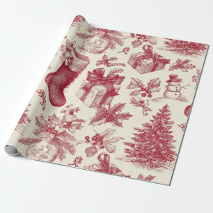 Papier Cadeau Motif de Noël en toile rouge vintage avec chausset