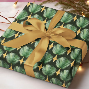 Papier Cadeau Motif de Noël étoile dorée feuille de palmier aqua
