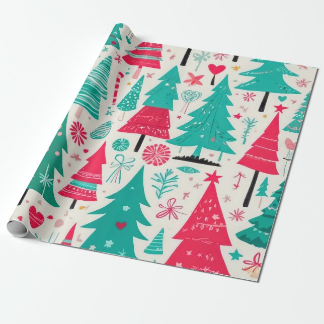 Papier Cadeau Motif de Noël Festif Whimsical (Déroulé)