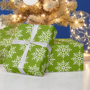 Papier Cadeau Motif de Noël Flocons de Neige Vert Blanc