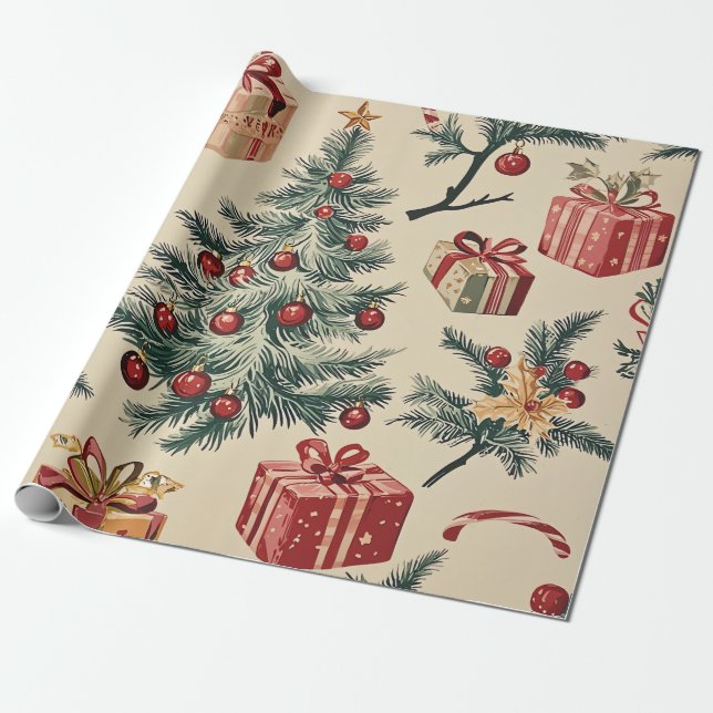 Papier Cadeau Motif de Noël floral Poinsettia (2) (Déroulé)