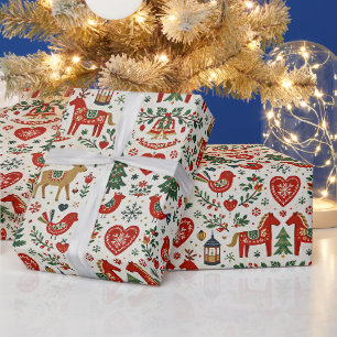 Papier Cadeau Motif de Noël folklorique rouge et vert scandinave