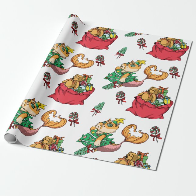 Papier Cadeau Motif de Noël Funny Chat de Sirène (Déroulé)