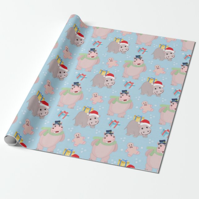 Papier Cadeau Motif de Noël Hippopotame (Déroulé)