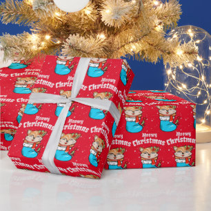 Papier Cadeau Motif de Noël Meowy Drôle de Chat Emballage de Noë