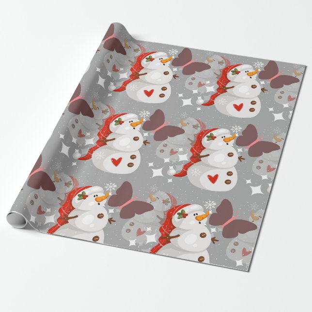 Papier Cadeau Motif de Noël mignon Snowman et papillons (Déroulé)