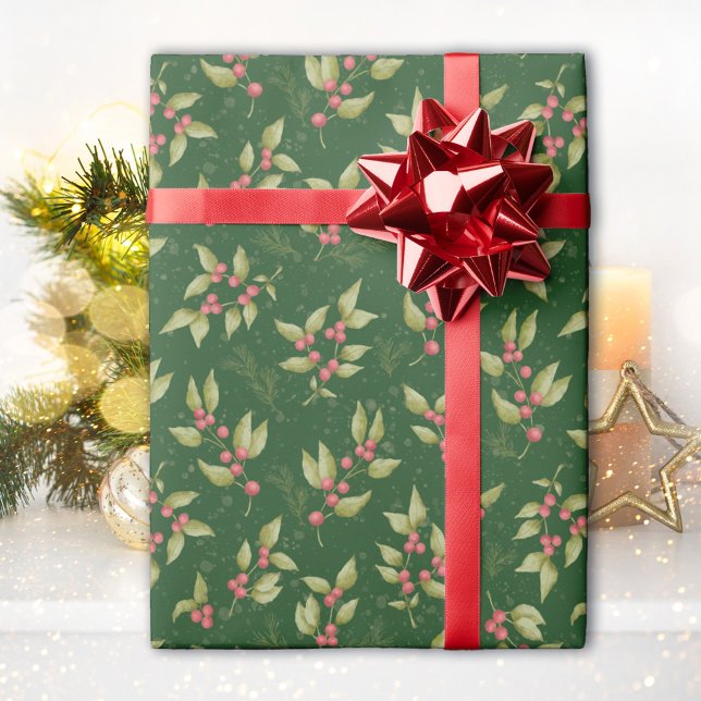 Papier Cadeau Motif de Noël Mistletoe sur Vert (Créateur téléchargé)