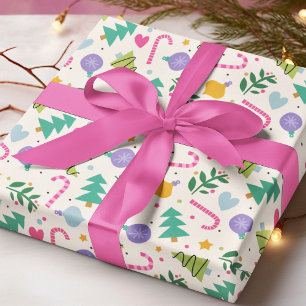 Papier Cadeau Motif de Noël Moderne Coloré Arbre Bonbon en Canne
