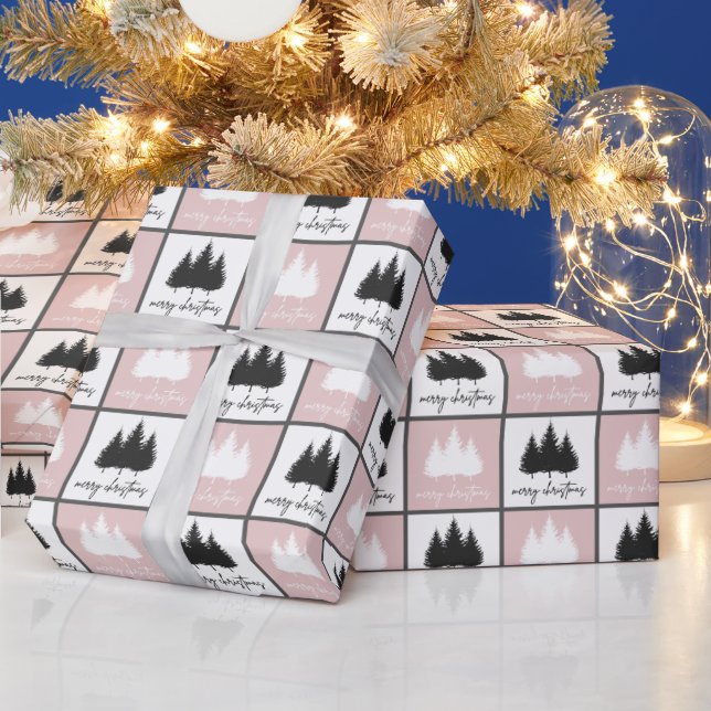 Papier Cadeau Motif de Noël moderne rose et blanc (Vacances)