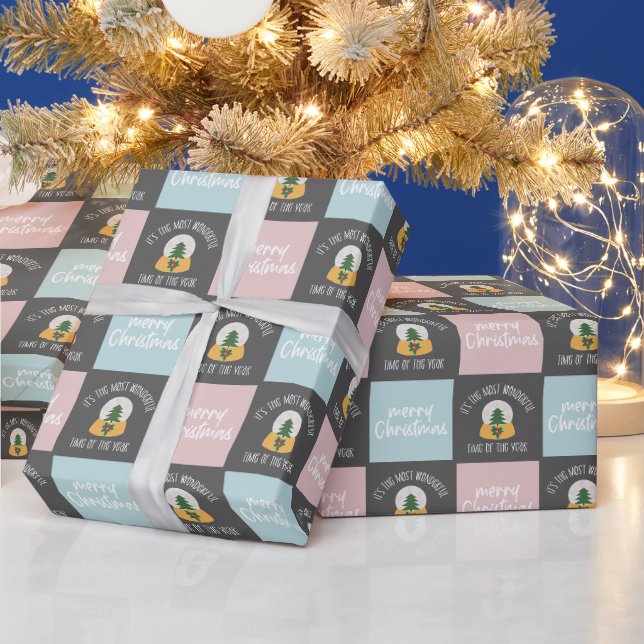 Papier Cadeau Motif de Noël moderne rose et bleu (Vacances)