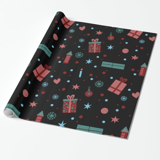Papier Cadeau Motif de Noël Noir (Déroulé)