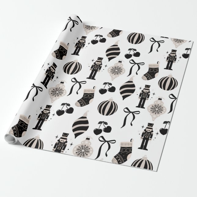 Papier Cadeau Motif de Noël noir et blanc (Déroulé)