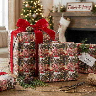Papier Cadeau Motif de Noël os de chien empreinte de patte Frenc