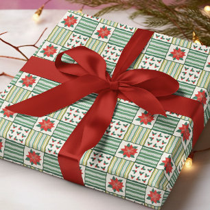 Papier Cadeau Motif de Noël Patchwork Poinsettia Holly