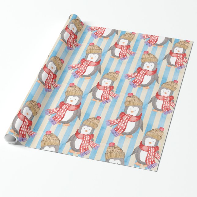Papier Cadeau Motif de Noël Penguin (Déroulé)