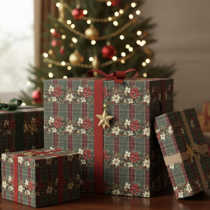 Papier Cadeau Motif de Noël Poinsettia Carreaux Verts Rouge Or