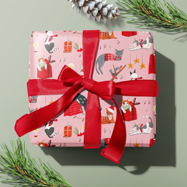 Papier Cadeau Motif de Noël rétro rose avec chat mignon (Cute Cat Pink Retro Christmas pattern Wrapping Paper)