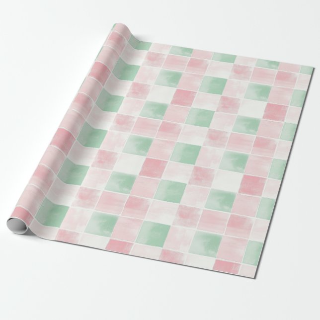 Papier Cadeau Motif de Noël Rétro Rose Vert (Déroulé)