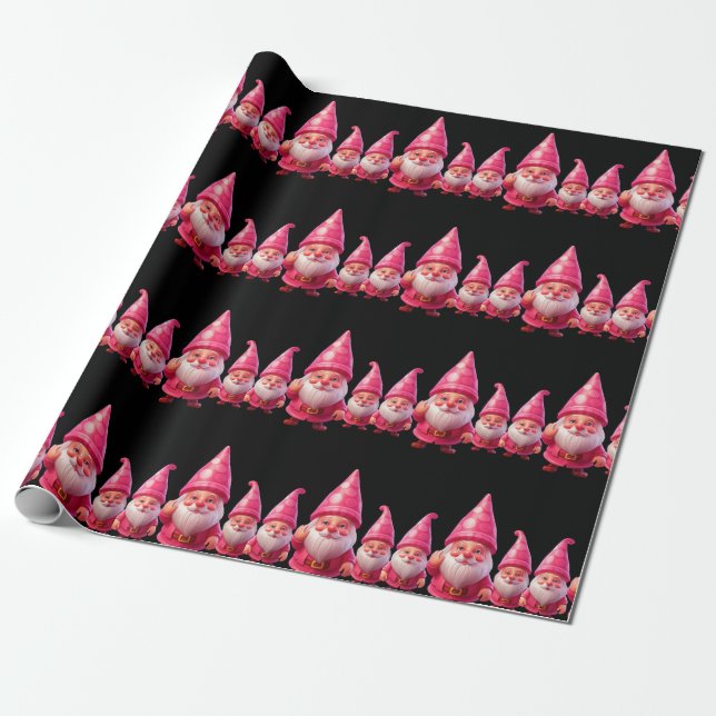 Papier Cadeau Motif de Noël rose Gnome (Déroulé)