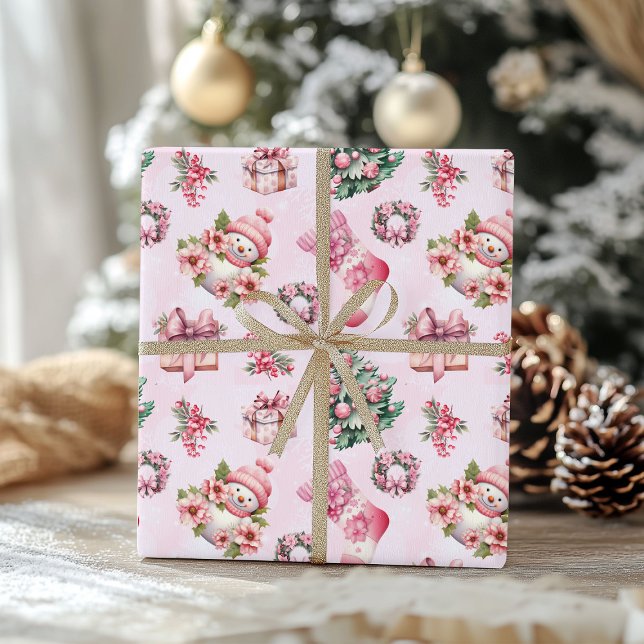 Papier Cadeau Motif de Noël rose mignon - Vacances Whimsical (Créateur téléchargé)
