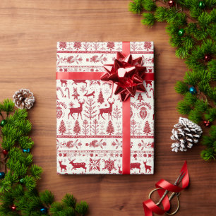 Papier Cadeau Motif De Noël Rouge Et Blanc Avec Cerf