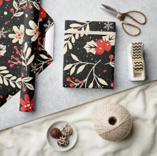 Papier Cadeau Motif de Noël Rouge Feuillage Blanc