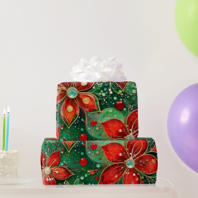 Papier Cadeau Motif de Noël rouge vert et or (Cadeaux de fête)