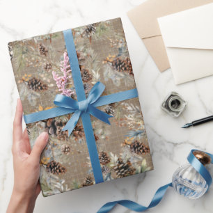 Papier Cadeau Motif de Noël rustique boho pinède maison de campa