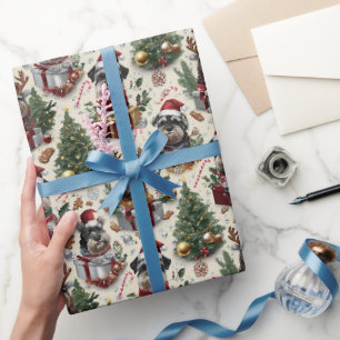 Papier Cadeau Motif de Noël Schnauzer avec chapeau de Père Noël