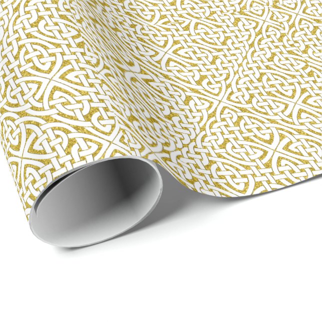 Papier Cadeau Motif de noeud celtique blanc or (Coin rond)