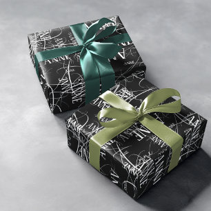 Papier Cadeau Motif de nom de typographie élégant noir 