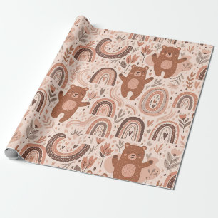 Papier Cadeau Motif de nurserie arc-en-ciel avec ours en peluche