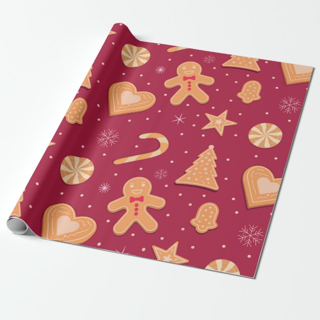 Papier Cadeau Motif de pain d'épices et de biscuits de Noël (Déroulé)