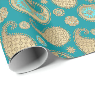 Papier Cadeau Motif de Paisley, or mol sur la turquoise