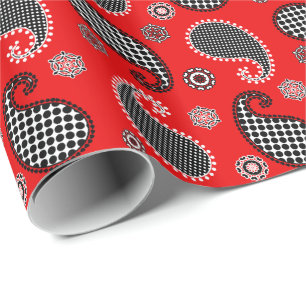 Papier Cadeau Motif de Paisley, rouge-foncé, noir et blanc